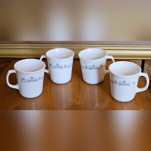 Set of 4 Corelle Corning Coffee Mug Ribbon Bouquet Grey Flowers on White Cup